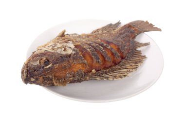 Kızarmış Tilapia balığı, beyaz arka planda izole edilmiş.