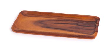 Tahta tepsi beyaz arkaplanda izole edildi 