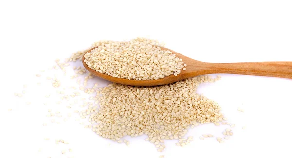 Sesame Seeds Wooden Spoon Isolated White Background — Stock Photo, Image