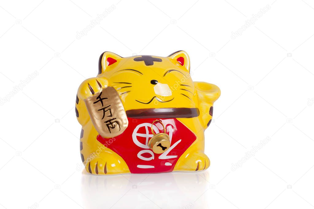 Ceramic doll Japanese welcoming lucky Cat. ( Maneki Neko ):Japanese characters means good luck or fortune