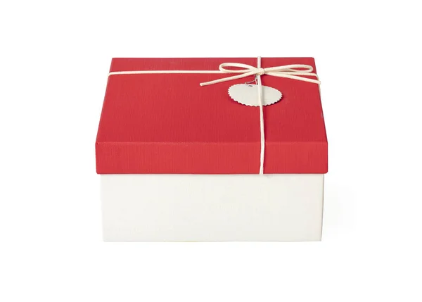 Czerwone Pudełko Wstążką Izolowane Białym — Zdjęcie stockowe
