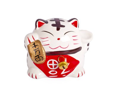 Seramik bebek Japon, şanslı kediyi selamlıyor. (Maneki Neko): Japonca karakterler iyi şans veya servet anlamına gelir