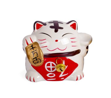 Seramik bebek Japon, şanslı kediyi selamlıyor. (Maneki Neko): Japonca karakterler iyi şans veya servet anlamına gelir