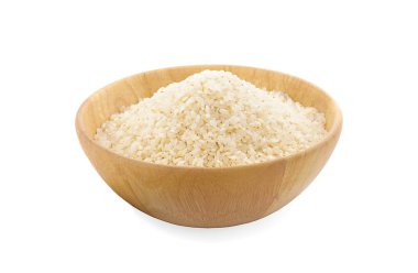 ahşap kase bir izole wh üzerinde beyaz pirinç (Tay Jasmine pirinç)