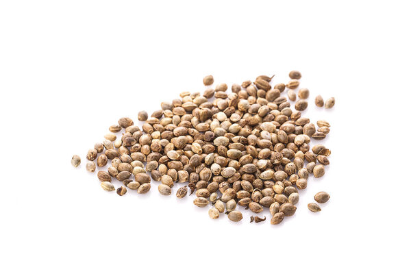 Heap of hemp seeds on white background