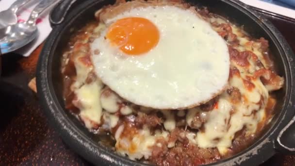 Close Japanese Curry Rice Cheese Fried Egg — Stock Video