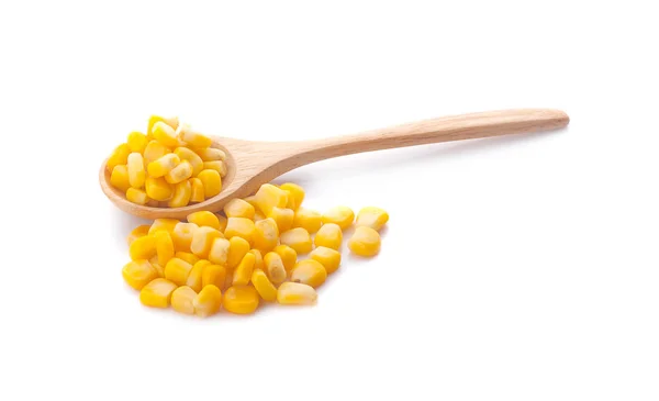 Sweet corn in the wooden spoon an isolated on white background — Stock Photo, Image