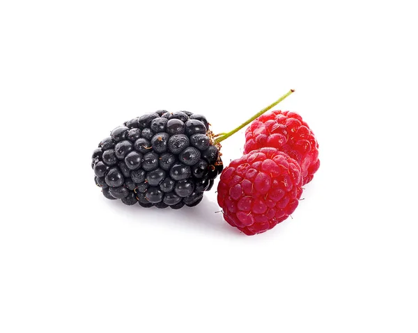 黑莓与树莓和绿叶隔离在白色b — 图库照片