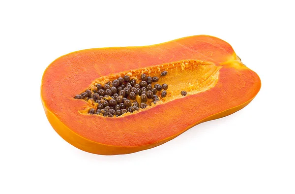Skivet moden papaya med frø på med bakgrunn. – stockfoto