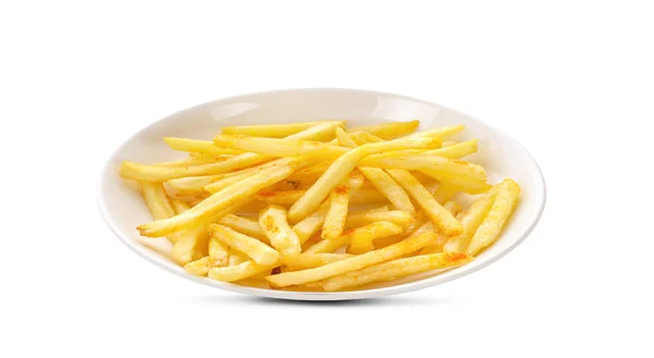 Papas Fritas Plato Blanco Aisladas Sobre Fondo Blanco —  Fotos de Stock