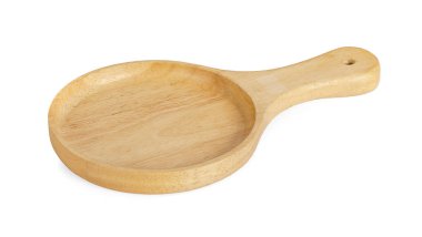Beyaz arka planda izole edilmiş ahşap pizza tabağı.