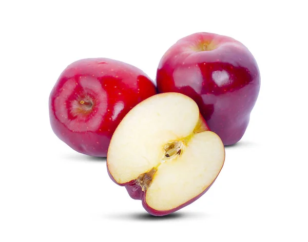 Roter Apfel Ganze Und Hälften Stück Isoliert Auf Weißem Hintergrund — Stockfoto