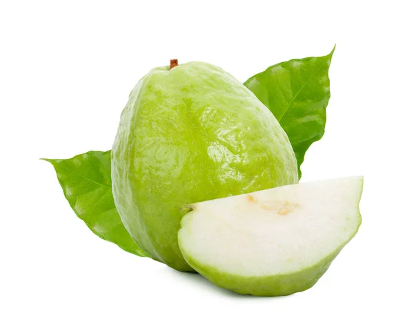 Verse Guava Fruit Met Plak Geïsoleerd Witte Achtergrond — Stockfoto