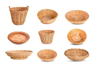 İzole edilmiş beyaz arkaplanda Sepet hasır koleksiyonu 