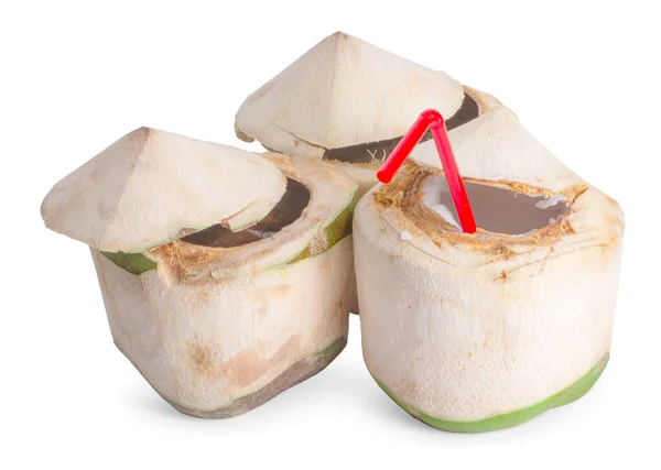 Zielone Kokosy Słomką Wyizolowaną Białym Tle — Zdjęcie stockowe