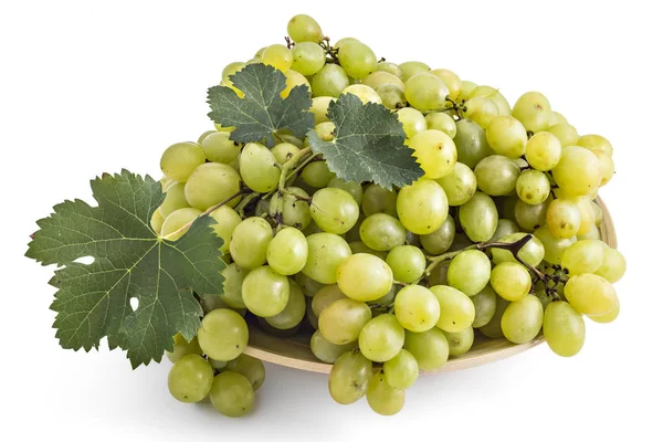 Fresh Ripe White Grapes Leaves Wooden Plate Isolated White — Stock Photo, Image