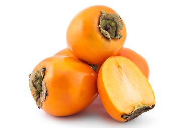 Fresh raw persimmon fruit isolated on white background, one cutted  clipart
