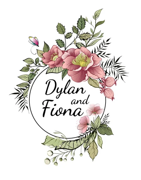 Çiçekler, yapraklar ile botanik kartı. Bahar süsleme kavramı. Dekoratif vektör tasarım tebrik kartları ve davetiyeler düzenine. Bir daire içinde kompozisyon