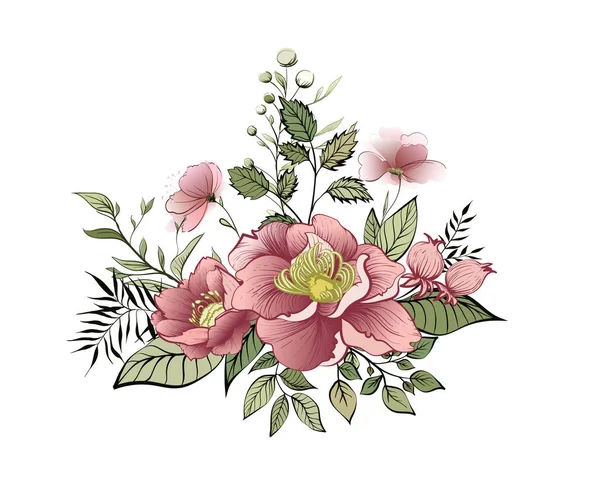 Spring flowers. Bouquet of beautiful flowers Bud garland. Label with flowers and leaves. Vector illustration