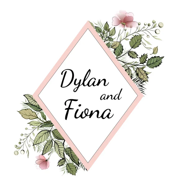 Floral Προσκλητήρια γάμου, Αποθήκευση καρτέλα ημερομηνία. Ακουαρέλα λουλούδι, δάσος, πράσινο, φύλλα και ροζ ρόμβος γεωμετρική διακόσμηση. Κομψό, διανυσματική σχεδίαση — Διανυσματικό Αρχείο