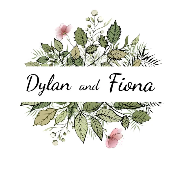 Düğün çiçek suluboya davet, davet, tasarım kaydedin. Kartpostal orman yeşil yaprakları ve yeşil yaprakları dekoratif doğal sınırları, çerçeve ile. Vektör, modern sanat zarif desen