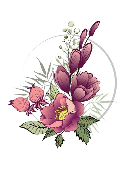 Bahar çiçek buket çiçek tomurcuk garland. Çiçek ve yeşillik ile etiketleyin. Vektör illustrat