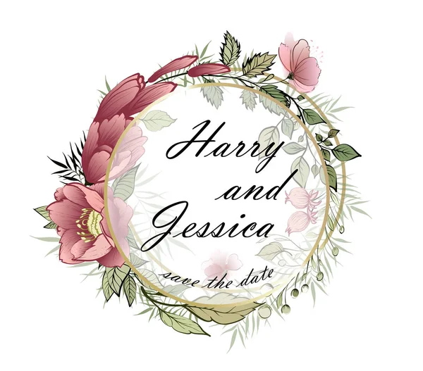 Düğün çiçek davet, invtation kart tasarımı. Suluboya allık pembe gül, Beyaz Bahçe şakayık çiçekleri, yeşil yapraklar, yeşillik fern. Şeffaf Altın çember çerçeve. Vektör, zarif, şık düzeni