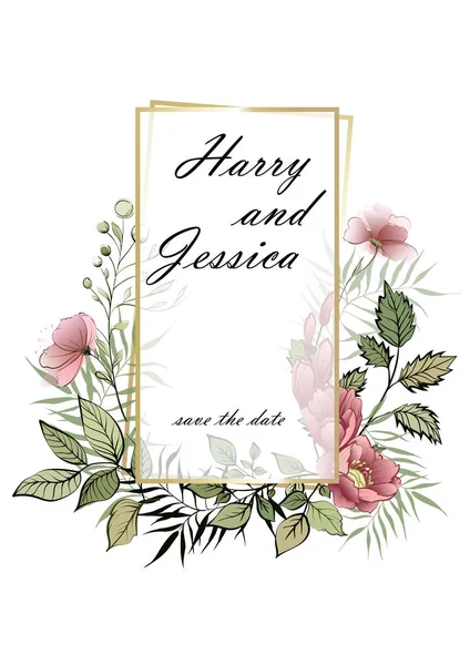 Düğün davetiyesi, çiçek davet, tarihi bildirimi kartı tasarım vektör. Pembe suluboya Bahçe, sulu, okaliptüs, yeşil yeşil, şeffaf dikdörtgen altın çerçeve bırakır.