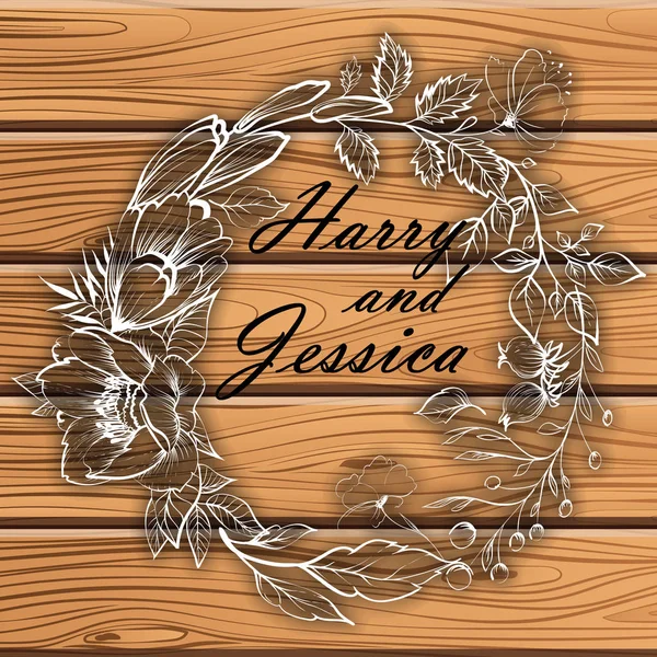 3D kağıt. çerçeve kağıttan kesilmiş. Düğün çiçek davet, invtation kart tasarımı. çiçekler, çelenk, yeşil yapraklar, yeşillik fern. Ahşap arka plan doku