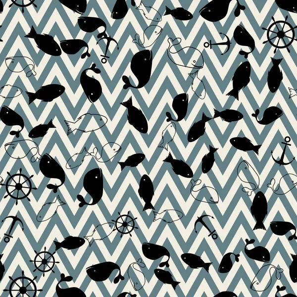 Siyah ve beyaz sorunsuz doku. Vektör çizim. deniz motifleri rastgele dağılmış. Balık