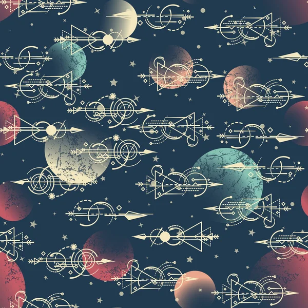 Soyut geometrik seamless modeli. Uzay, yıldızlar, takımyıldızları okları