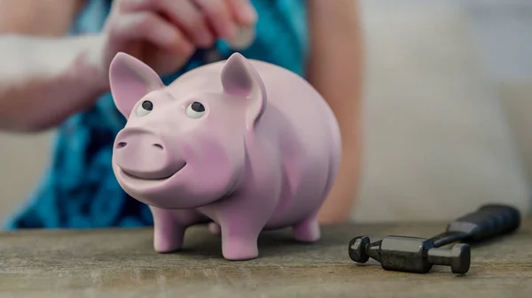 Funny Pigy Bank Wooden Desk Top View Illustration Render — Stock Photo, Image