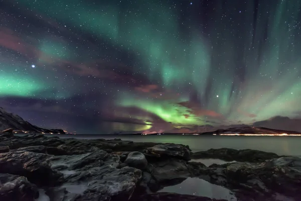 Amazing Aurora Borealis Northern Lights View Coast Oldervik Tromso City — Stock Photo, Image