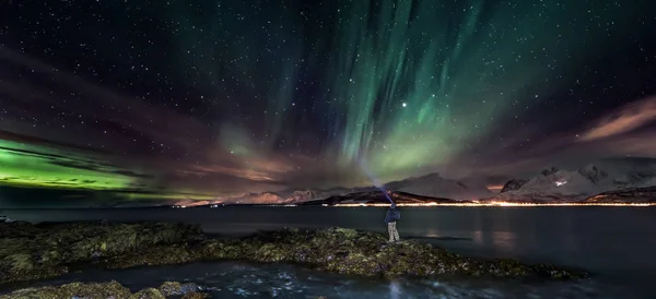 Amazing Aurora Borealis Northern Lights View Coast Oldervik Tromso City — Stock Photo, Image