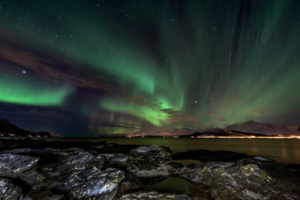 Amazing aurora borealis - northern lights - view from coast in Oldervik, near Tromso city -  north Norway
