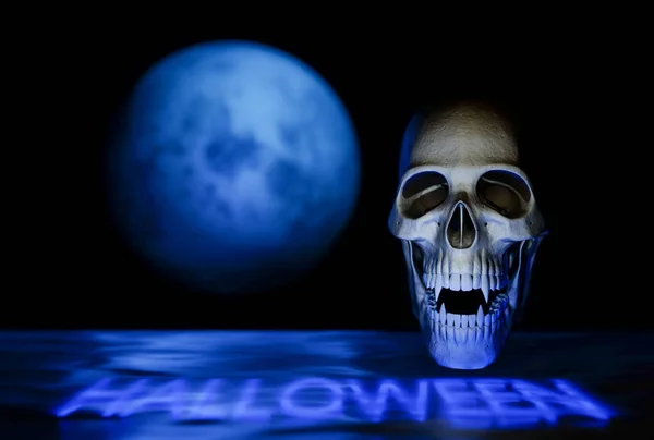 Череп Вампіра Чорному Синім Місяцем Концепція Фону Хеллоуїна Рендеринг — стокове фото
