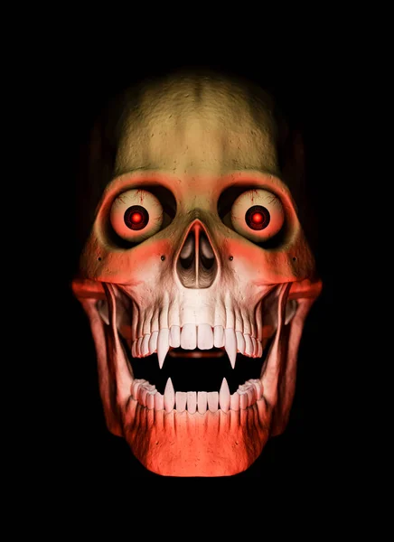 前视图的吸血鬼头骨在红色与眼睛在黑色背景 3D渲染 万圣节概念 — 图库照片