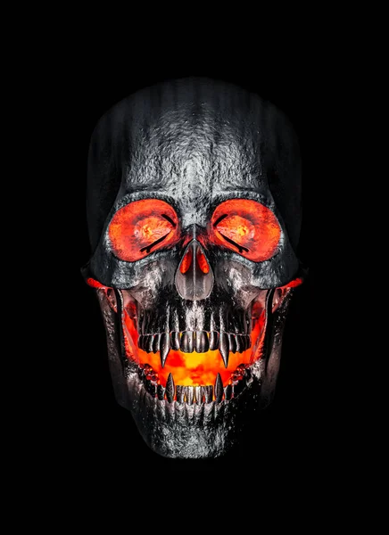 黑色金属的正面视图 吸血鬼牙齿的头骨与火红色的眼睛在黑色背景 3D渲染 万圣节概念 — 图库照片