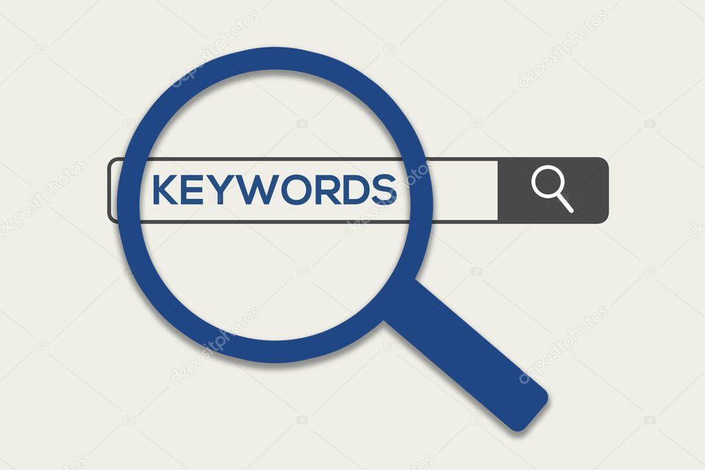 Find keywords concept. Marketing specialist looking for keywords (concept with magnifying glass)