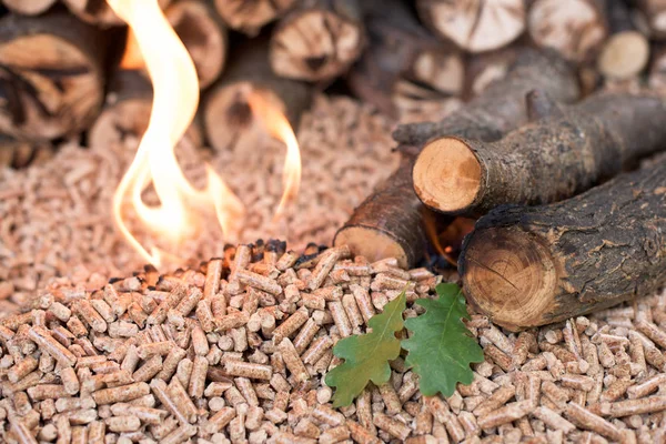 Eichenholz Und Eichenholzpellets Flammen — Stockfoto