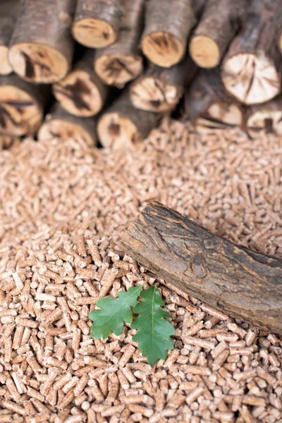Eichenholz Pellets Und Blätter Nachwachsende Materialien — Stockfoto