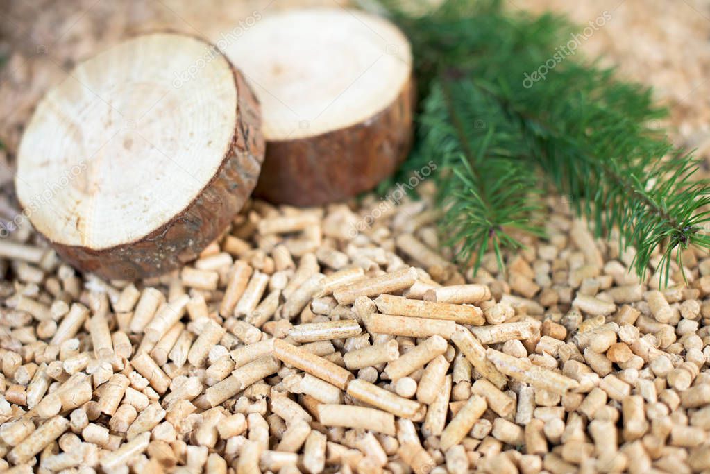 Close up of pine pellets and materials they made of