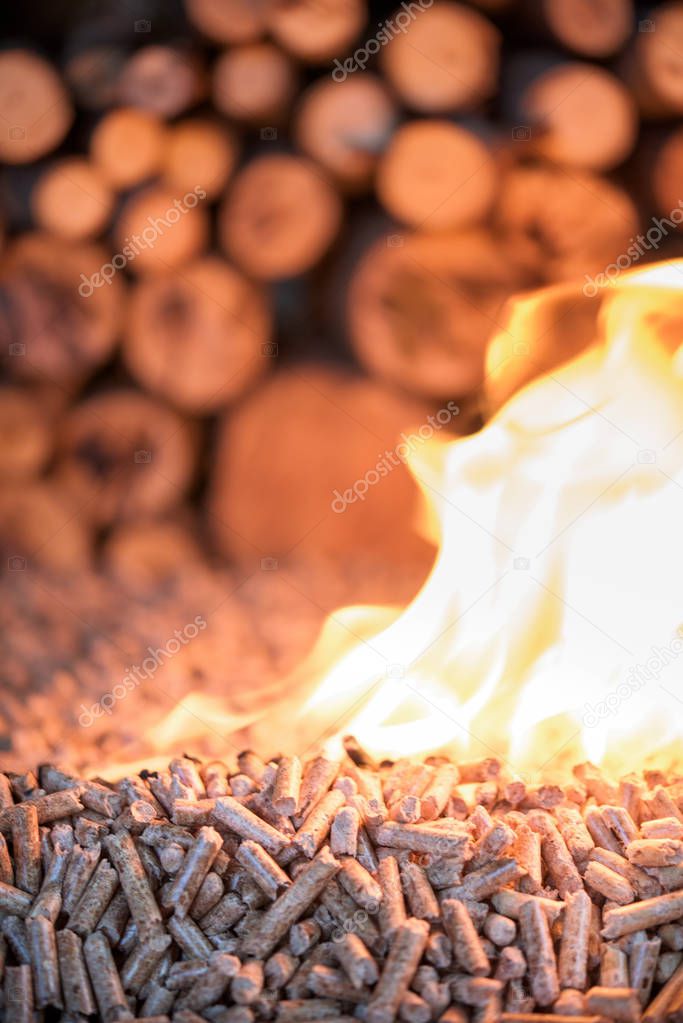 Home heathing - wooden pellets in fire in front pile of wood
