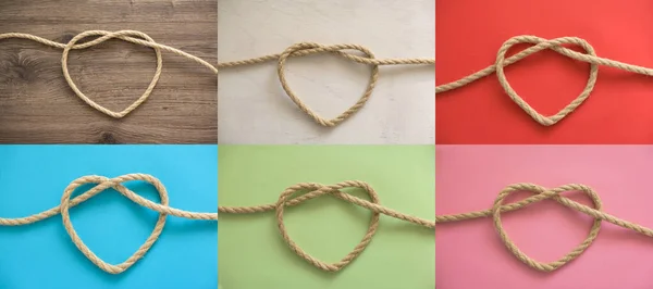 不同颜色背景的绳子的心形 — 图库照片