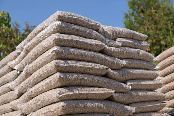 Nylon Bags Filled Wood Pellets Alternative Energy — Stock Photo, Image