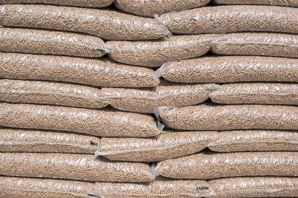 Nylon Bags Filled Wood Pellets Biomass — Stock Photo, Image