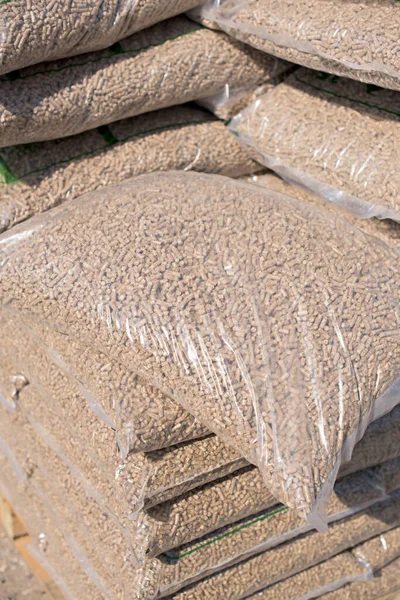Nylon Bags Filled Wood Pellets Biomass — Stock Photo, Image