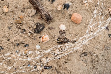 Kabukları, ahşap, taş ve plastik ağ ile plaj Detay.