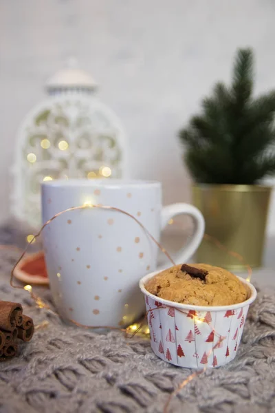 Winter still life from scarf, white mug of cocoa, coffee or hot chocolate, muffin, christmas tree on warm plaid with garland. — Stock Photo, Image