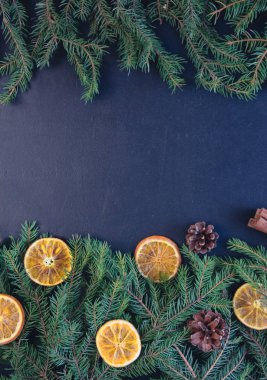 Noel ağacı çam dalları Kuru portakal ile. karanlık bir arka plan üzerine tarçın, anason.